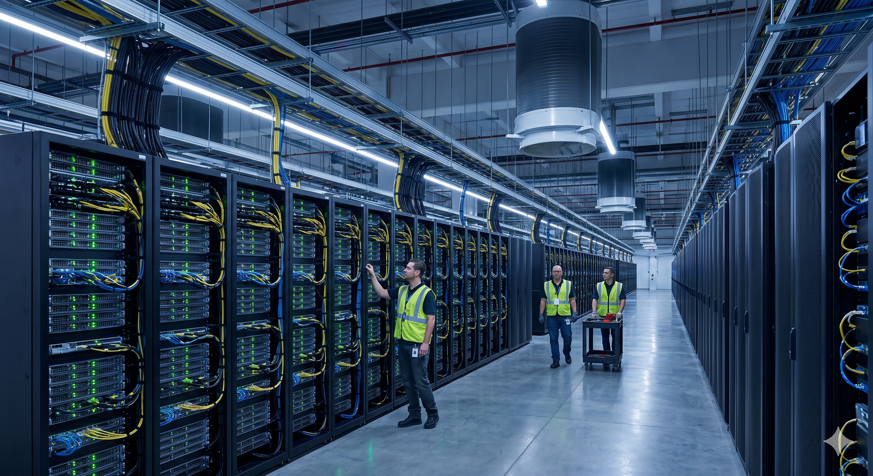 Technicians working in a hyperscale data hall with rows of server racks