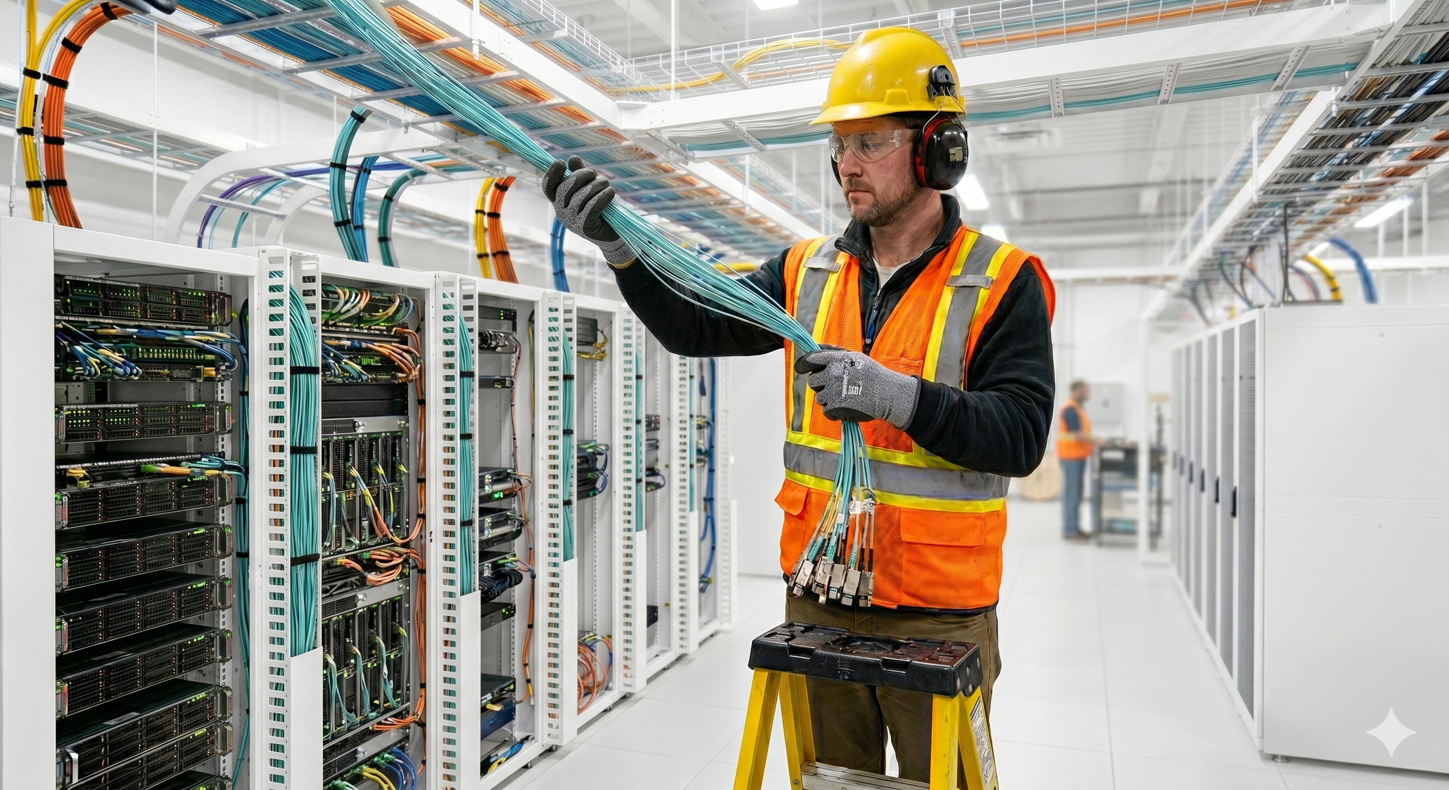Technician patching fiber optic cables in a data center