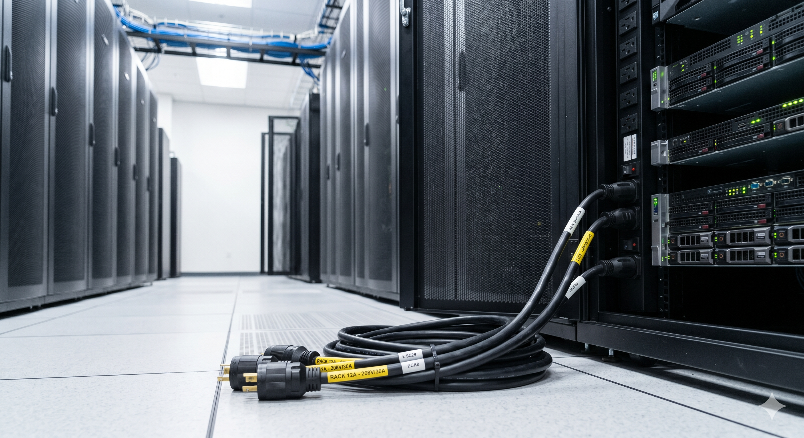 Power cables and whips in a data center server room