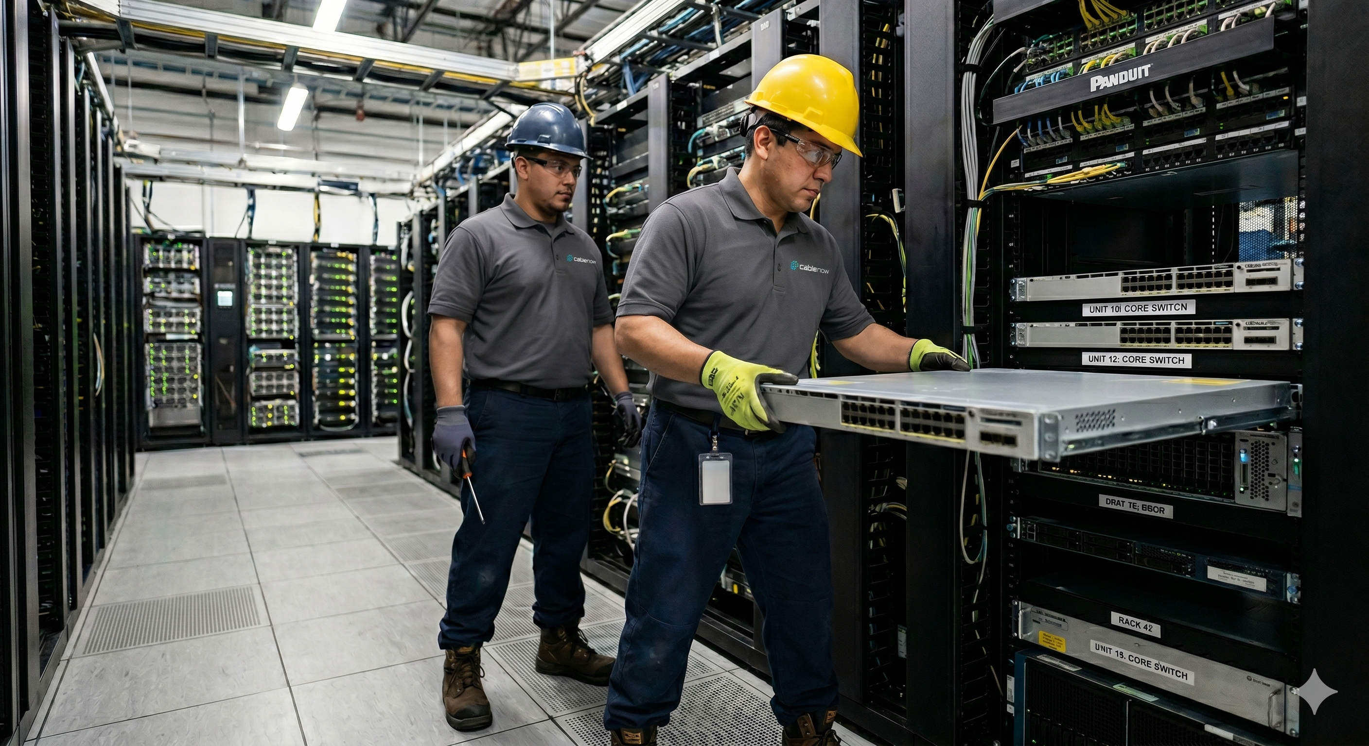 Technicians installing server hardware into a rack in a data center